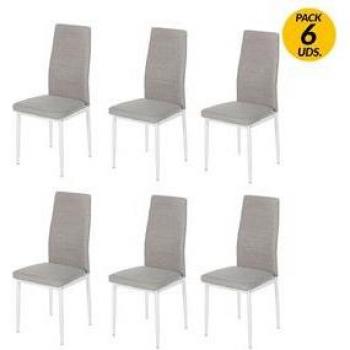 Pack de 6 sillas Yuri tapizadas en tela color marengo con patas metálicas blancas