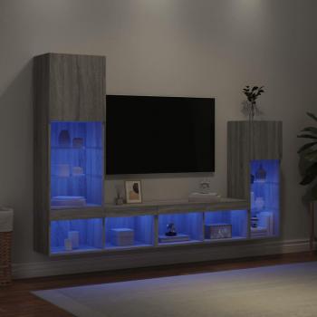 Mueble de TV Pared 4 Piezas con LED en Madera Ingenieria Color Gris Sonoma