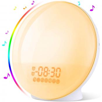 Luces-despertador, Wake Up Light Despertador con Simulación de Amanecer y Atardece, Reloj de Alarma dual, Función Snooze, 20 Brillo, 8 Sonidos, Radio FM, LED Lámpara Con 1 Puerto USB, Adaptador, Cable