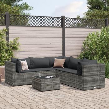 Set de muebles de jardín 6 piezas con cojines en ratán sintético gris