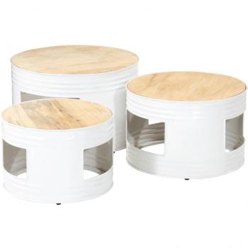 Juego de 3 mesas altas de bar en forma de tambor, fabricadas en madera maciza de mango, superficie rugosa, color marrón