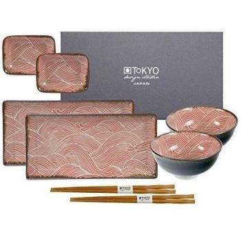 Tokyo Design Studio seigaiha Red Sushi Set Completo - 8 piezas - para 2 personas - 2 Plato para sushi, incluye 2 Dip cuencos, 2 Cuencos de porcelana 2 pares.Palillos de bambú - para microondas y lavavajillas - En Caja De Regalo