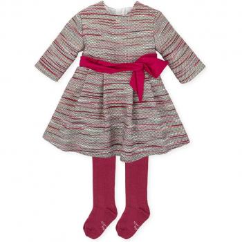 Tutto Piccolo - Vestido con leotardos de niña en carmín con abertura trasera con cremallera