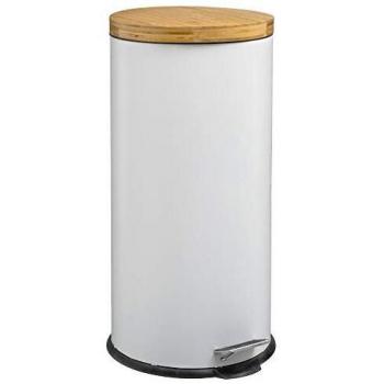 FIVE Papelera/cubo de basura/contenedor de residuos con pedal 30L blanco Natureo, Hierro/bambú, L.29 x P.36 x A.65 cm