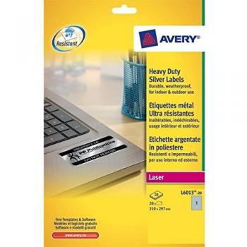 Etiqueta adhesiva Avery Poliéster Plata 210x297 mm (Pack de 20 unidades)
