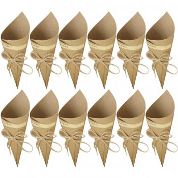 50 Piezas Conos de Arroz para Boda, Bolso boda para confeti o bolsa cucuruchos de papel kraft cono de arroz, cuerda de cáñamo, cinta de doble cara, etiqueta adhesiva