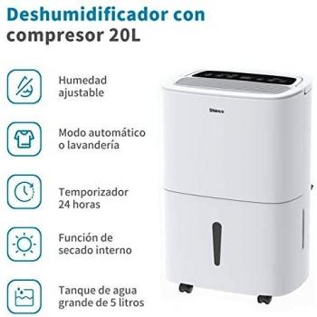 SHINCO Deshumidificador Portátil 20L/Día, Deshumidificador Silencioso, Temporizador de 24 Horas, Pantalla Digital LED, Drenaje Continuo, Función de Secado, Blanco