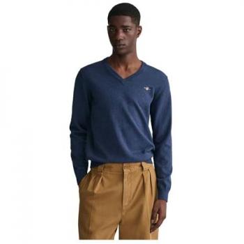 Jersey de hombre Gant de algodón clásico con cuello pico y logotipo bordado, color mezclilla azul oscuro, talla S