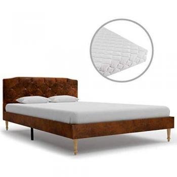 vidaXL Cama y Colchón Piel Ante Sintética Marrón 120x200cm Tapizada Mobiliario Casa Hogar Somier Diseño Discreto Elegante Estructura Robusta Duradera