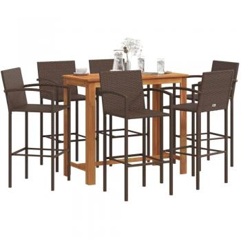 7-Piece Brown Acacia Wood and Poly Rattan Garden Bar Set
