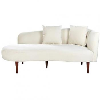 Chaise Lounge de Terciopelo Blanco Crema con Piernas de Madera Oscura y Cojines Extra, Diseño Moderno