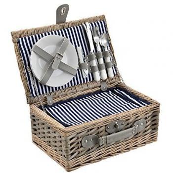Cesta de Pícnic para 2 Personas con Nevera, Platos, Cubiertos y Vasos - Blanca/Azul