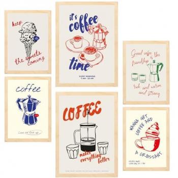 Set de 6 Pósters Ilustraciones de Alimentos Estilo Pop Art en Tonos Pastel para Decoración de Paredes del Hogar (A3 y A4, Sin Marco)