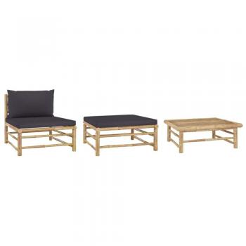 3-Piece Bamboo Garden Lounge Set with Dark Grey Cushions