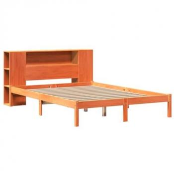 Cama con estantería sin colchón de madera maciza marrón 140x190 cm