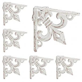 Escuadras de Estantería Retro Envejecidas - Soportes de Hierro Fundido con Flor de Lis, 8 Piezas, Color Blanco