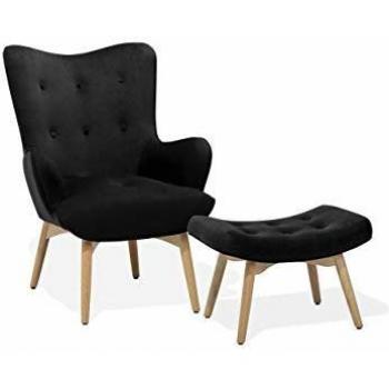 Sillón Orejero Retro Vejle con Reposapiés en Terciopelo Negro Abotonado