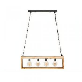 Lámpara de Madera Industrial OLIUS - 4 Luces - Metal y Madera Natural y Negra - Alt. 31 cm x Ancho 100 cm