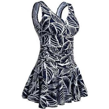 Summer Mae Mujer Traje De Baño De Talla Grande Impresión Una Sola Pieza Hoja de Azul Oscuro 2XL
