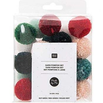 Set de 24 pompones navideños de lana rojos y verdes - 3 cm