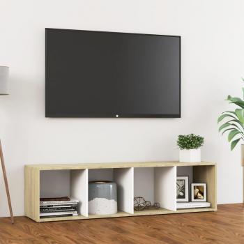 Mueble para TV de madera contrachapada vidaXL 142,5x35x36,5 cm, Mueble de salón, Mueble TV, Mesa de TV en color blanco y roble Sonoma