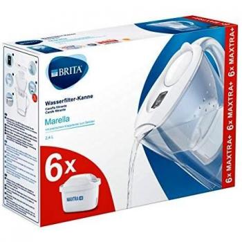 BRITA Marella blanca Pack Ahorro – Jarra de Agua Filtrada con 6 cartuchos MAXTRA+, Filtro de agua BRITA que reduce la cal y el cloro, Agua filtrada para un sabor óptimo, 2.4L