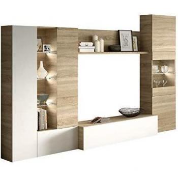 Habitdesign 016642F - Mueble de Comedor con Leds, Acabado en Blanco Brillo y Roble Canadian, Medida 260 cm de Ancho