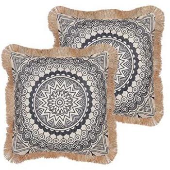 Conjunto de 2 cojines decorativos beige y negro con borlas, 45 x 45 cm, estampado boho estilo oriental