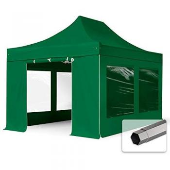 Carpa Plegable 3x4,5m Premium Acero 40mm con Laterales y Ventanas Panorámicas, Verde Oscuro