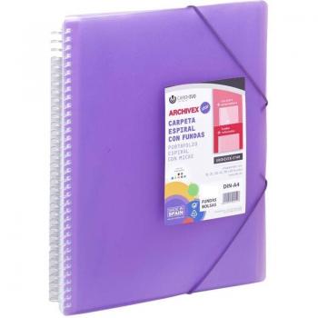 Carpeta Archivex A4 con Espiral y Gomas, 30 Fundas de Polipropileno, Color Violeta
