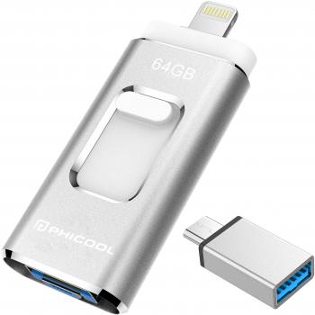Unidad Memoria Flash USB 3.0 64 GB Memoria Lápiz Drive OTG PHICOOL [4 en 1] con Type C Conector USB Mirco Expansión de Memoria para iPhone, iPad, Android, PC - Plata