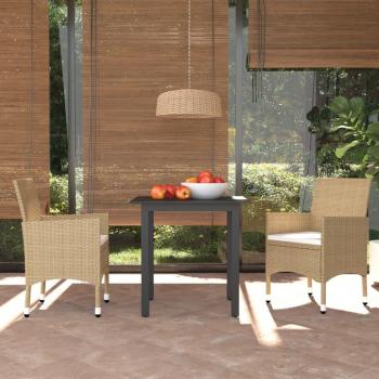 3-Piece Beige Poly Rattan Garden Dining Set with Cushions