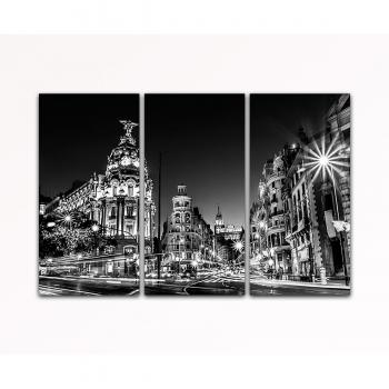Su bilder24. de – Juego de pintura de pared de 3 gran via Madrid España Calle Negro/Blanco Sobre Lienzo Y Bastidor, alta calidad, hecha a mano en Alemania., lona, blau gelb weiß grün rot orange braun schwarz rosa, 80 x 125