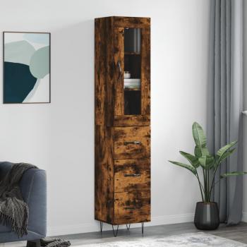 Aparador alto de madera contrachapada 34,5x34x180 cm con 3 cajones en roble ahumado, mueble de almacenaje para salón, buffet y armario auxiliar
