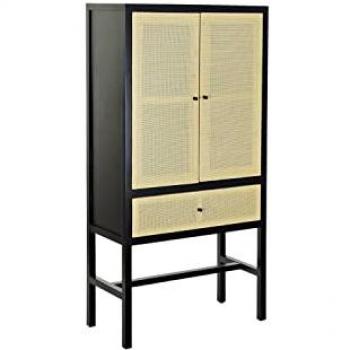 Armario DKD Home Decor de 2 Puertas y 1 Cajón, 80 x 38 x 160 cm, Abeto Natural Negro y Ratán