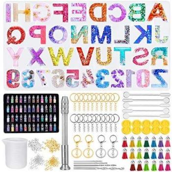Tailcas 314 Piezas Molde Silicona Resina, Moldes de Resina Epoxi con Número de Letras, Kit de Molde con 48 Polvo de Purpurina y Accesorios para Hacer Colgante, Joyería, Llavero, DIY, Manualidades