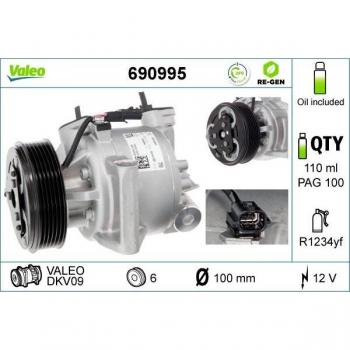 Compresor de aire acondicionado VALEO 690995 con aceite PAG y refrigerante R1234yf