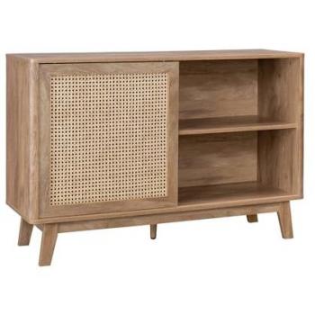 Aparador pequeño de 120cm con 1 puerta corredera y estantes, efecto madera y detalle de caña