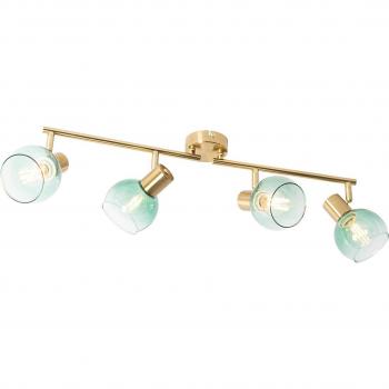 Foco Art Deco dorado con cristal verde, 4 luces, dimensiones 77 x 10 x 16.5 cm, material acero y cristal