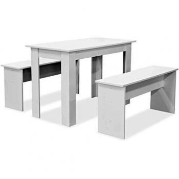 vidaXL 3-Piece Dining Table and Benches Set, Engineered Wood, White