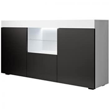 Aparador de salón modelo Sefora con LED, color blanco y negro mate, dimensiones 135x73x34cm, fabricado en melamina