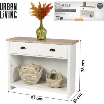 Consola Colonial de Madera con 2 Cajones y Estante - Blanco y Madera - 97x35x76 cm