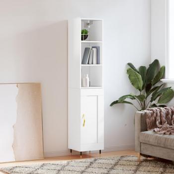 Aparador de madera contrachapada blanco brillo 34,5x34x180 cm con 1 puerta de madera, mueble de almacenaje para salón, buffet y armario auxiliar