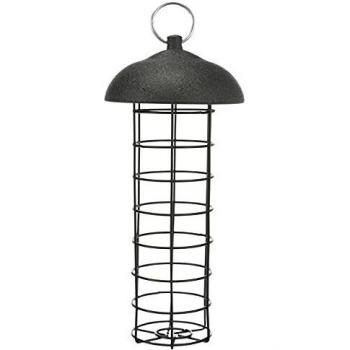 Comedero para pájaros con tapa metálica, capacidad para 4 bolas de grasa, diámetro 10 x 21 cm, color negro