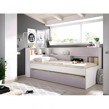 Cama nido con compartimentos y somier + colchón - 90 x 190 cm - Blanco y gris - LOSIANA