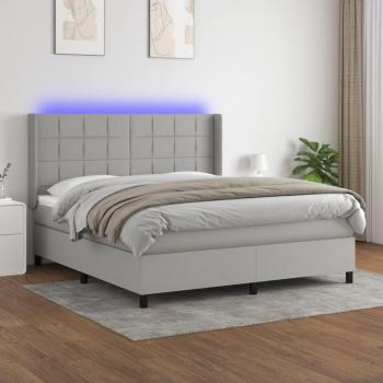 Cama box spring con colchón de muelles y luces LED en tela gris claro, 160x200 cm
