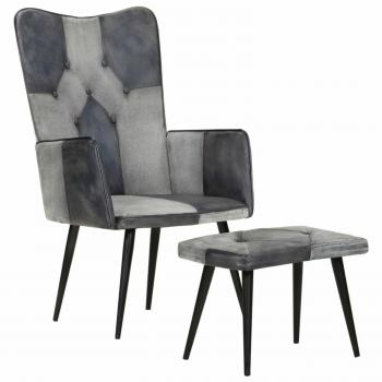 Sillón con reposapiés de cuero auténtico marrón oscuro y gris, cómodo, ideal para dormitorio y sala de estar, diseño relax