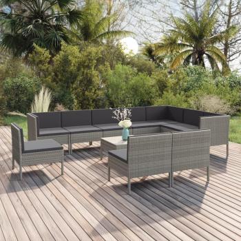11-Piece Grey Poly Rattan Garden Lounge Set with Cushions