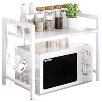 Estantería Microondas Multifuncional Extensible de 2 Niveles con Ganchos Auxiliares - Metal Organizador para Cocina, Oficina y Despacho