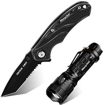 morpilot Navaja y Linterna Set, Cuchillo Supervivencia, Navaja Caza Pesca 85mm, Acero Inoxidble, Linterna LED de 5 Modos, 500LM, Impermeable IPX4, Portátil